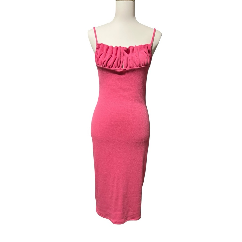 Commense Medium Pink Ribbed Backless Pleated Cami Bodycon Dress